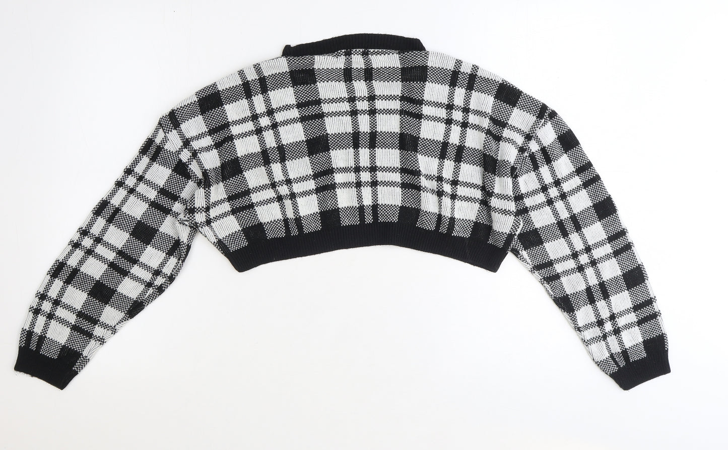 Fem Luxe Womens Black Round Neck Plaid Acrylic Pullover Jumper Size S - Cropped