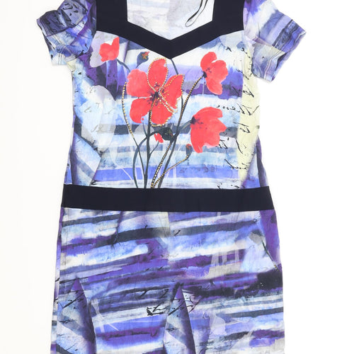 Pause Cafe Womens Blue Geometric Viscose Shift Size 8 V-Neck Pullover