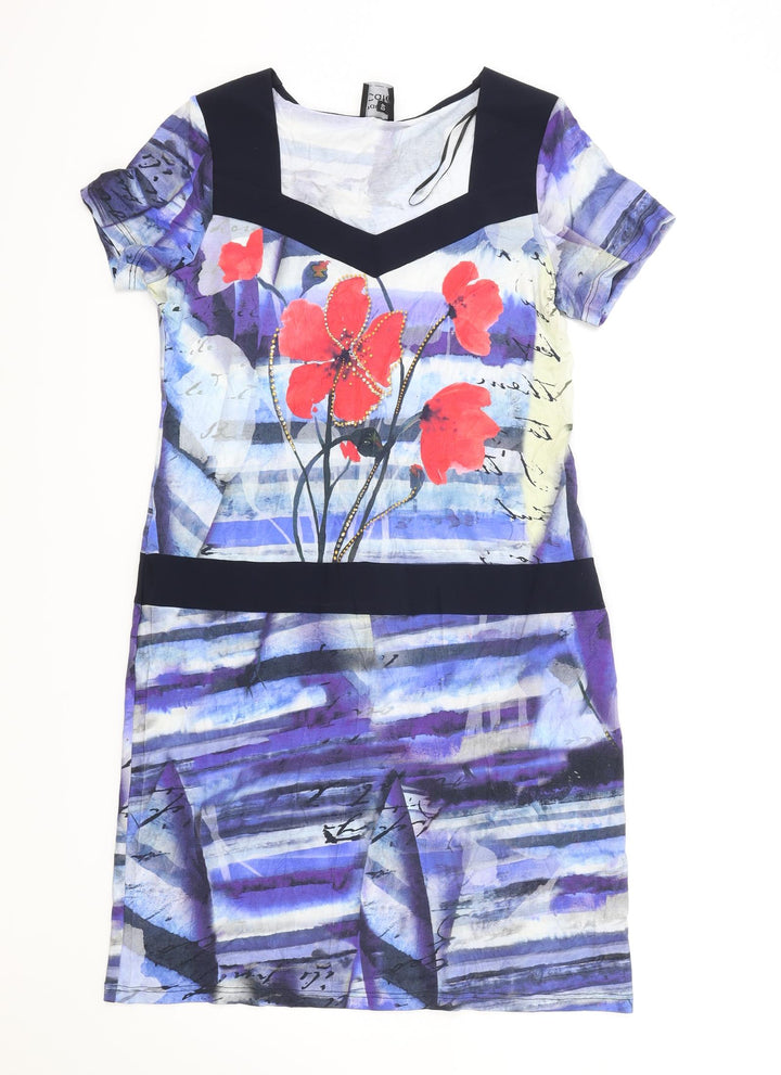 Pause Cafe Womens Blue Geometric Viscose Shift Size 8 V-Neck Pullover