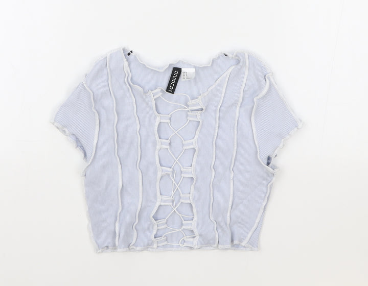 H&M Womens Blue Geometric Cotton Cropped T-Shirt Size S V-Neck