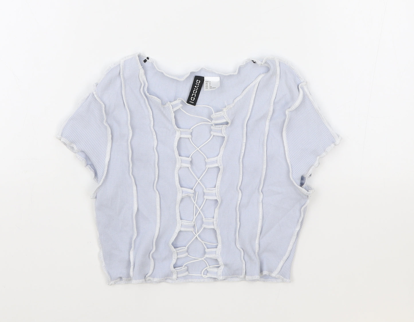 H&M Womens Blue Geometric Cotton Cropped T-Shirt Size S V-Neck