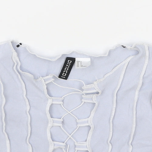 H&M Womens Blue Geometric Cotton Cropped T-Shirt Size S V-Neck