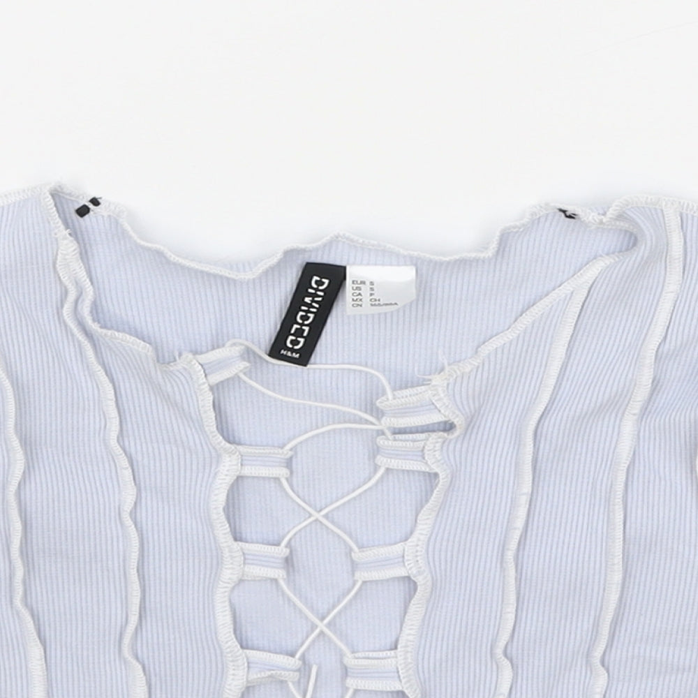 H&M Womens Blue Geometric Cotton Cropped T-Shirt Size S V-Neck