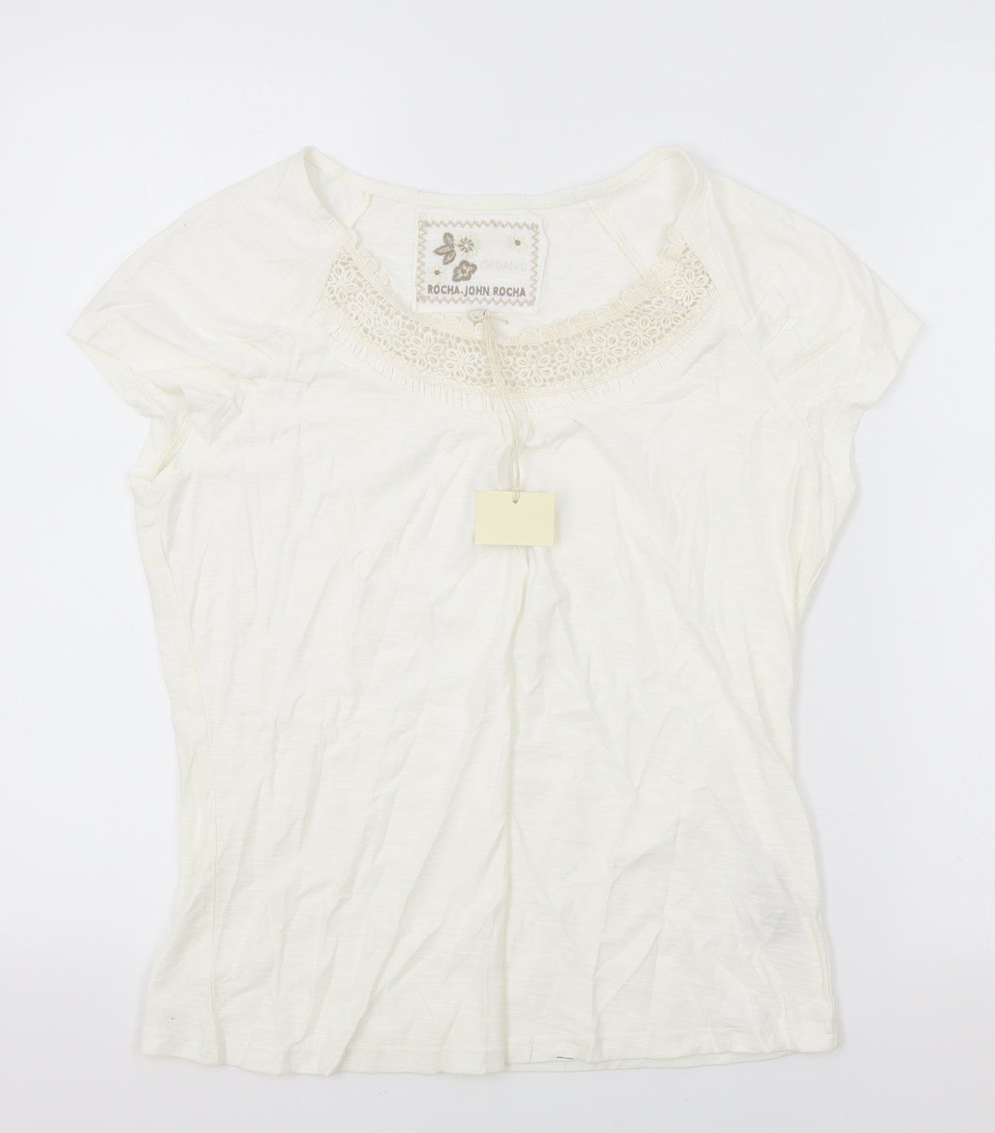 Debenhams Womens Ivory 100% Cotton Basic T-Shirt Size 14 Round Neck - Lace Detail