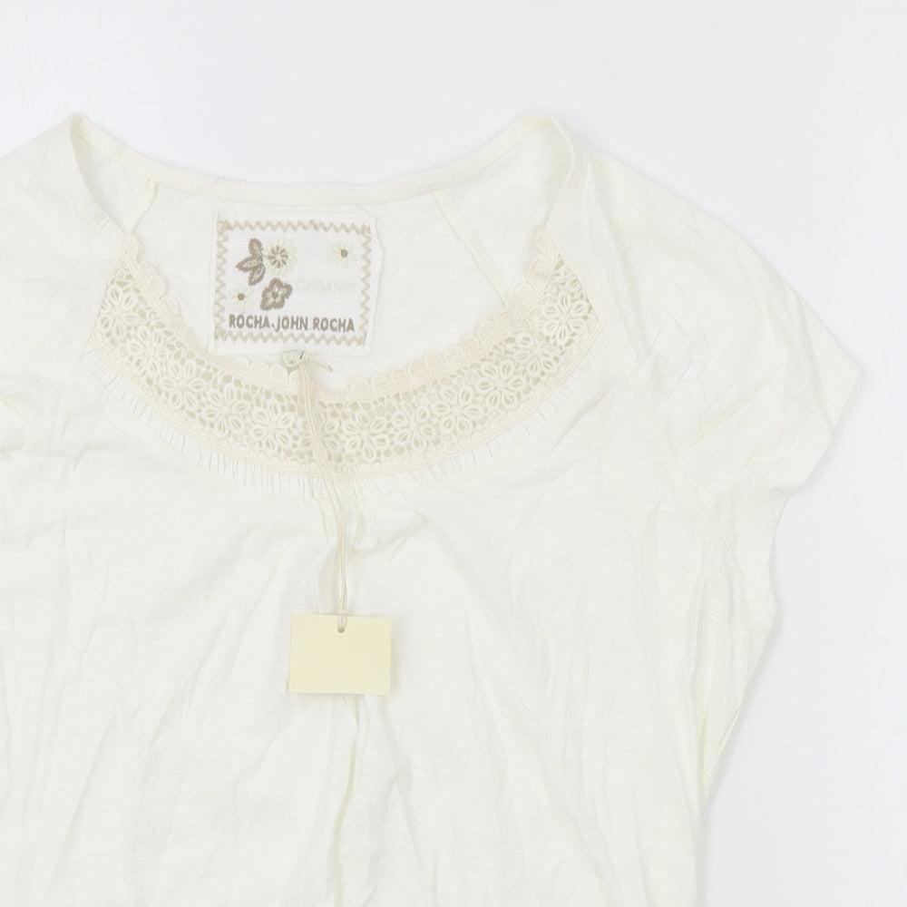 Debenhams Womens Ivory 100% Cotton Basic T-Shirt Size 14 Round Neck - Lace Detail