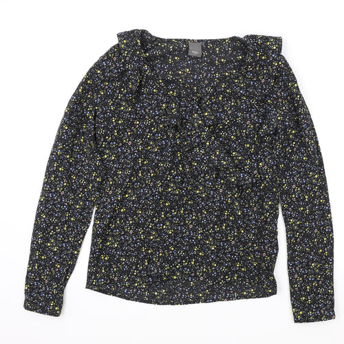ICHI Womens Black Geometric Polyester Basic Blouse Size S Round Neck