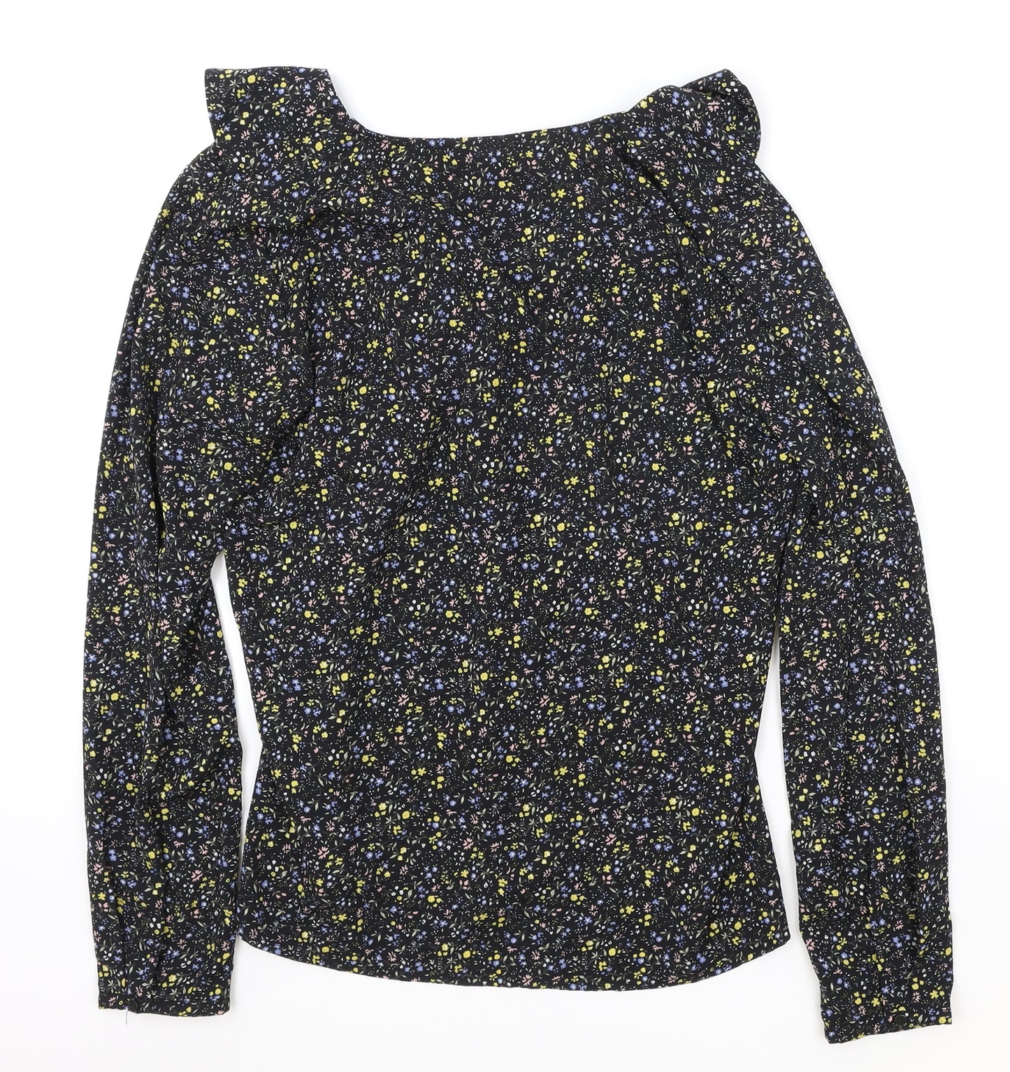 ICHI Womens Black Geometric Polyester Basic Blouse Size S Round Neck