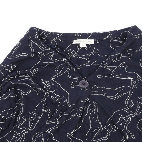Monsoon Womens Blue Geometric Cotton Basic Blouse Size S V-Neck - Cat Print