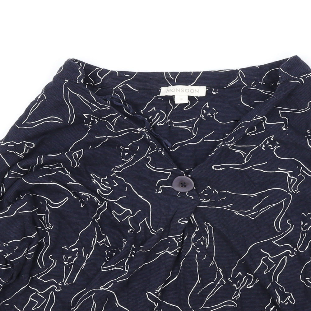 Monsoon Womens Blue Geometric Cotton Basic Blouse Size S V-Neck - Cat Print