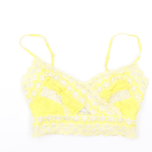 Topshop Womens Yellow Geometric Cotton Cropped Tank Size 6 Sweetheart - Broderie Anglaise Details, Keyhole Neckline