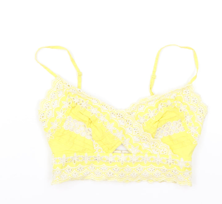 Topshop Womens Yellow Geometric Cotton Cropped Tank Size 6 Sweetheart - Broderie Anglaise Details, Keyhole Neckline