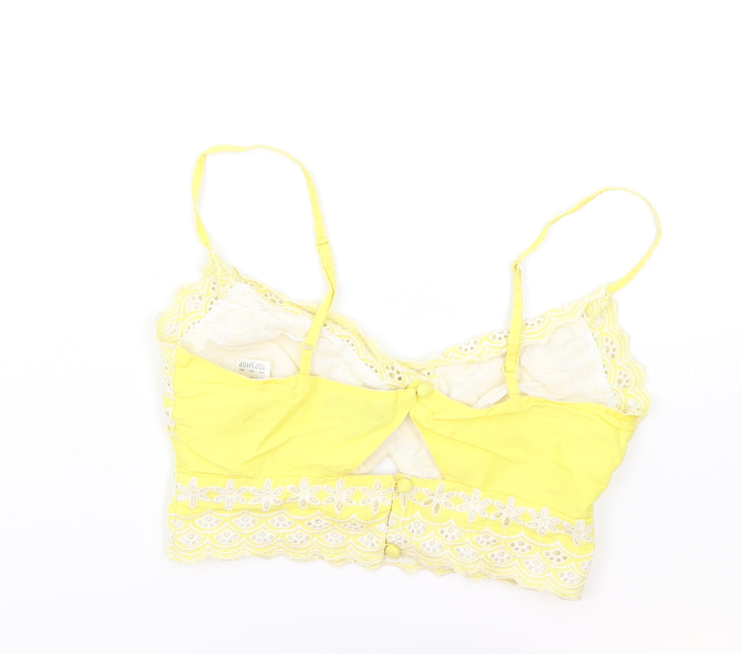 Topshop Womens Yellow Geometric Cotton Cropped Tank Size 6 Sweetheart - Broderie Anglaise Details, Keyhole Neckline