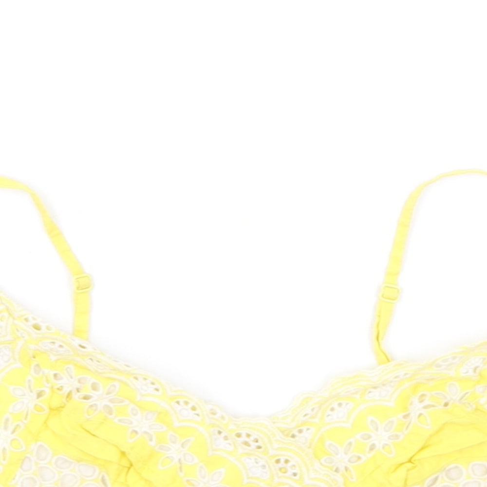 Topshop Womens Yellow Geometric Cotton Cropped Tank Size 6 Sweetheart - Broderie Anglaise Details, Keyhole Neckline