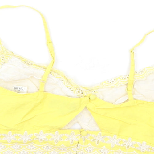 Topshop Womens Yellow Geometric Cotton Cropped Tank Size 6 Sweetheart - Broderie Anglaise Details, Keyhole Neckline