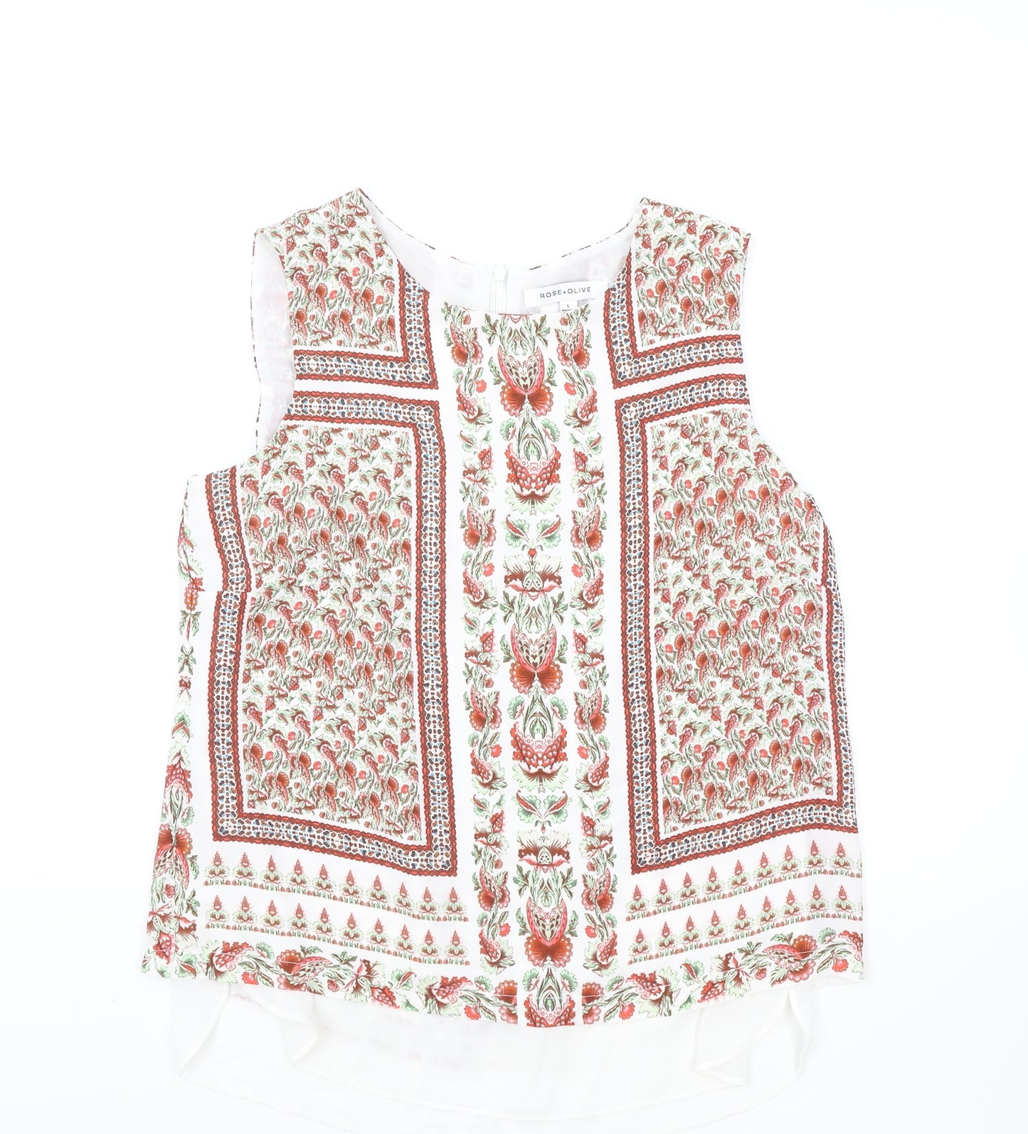 Rose & Olive Womens White Geometric Polyester Basic Tank Size L Round Neck
