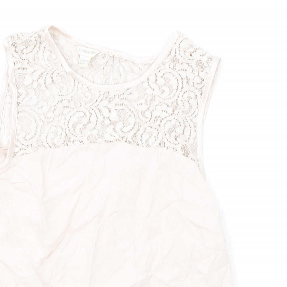 Monsoon Womens Pink Viscose Basic Tank Size 14 Round Neck - Lace Detail