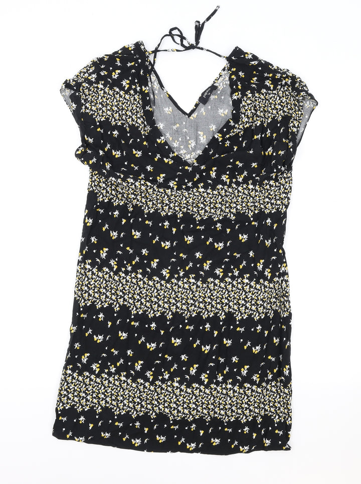 Papaya Womens Black Floral Viscose Shift Size 10 V-Neck Tie