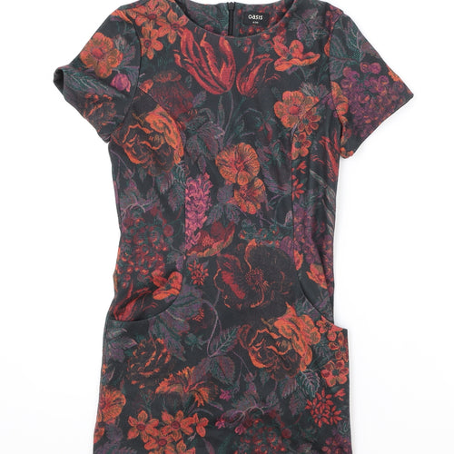 Oasis Womens Black Floral Polyester Shift Size 8 Boat Neck Zip