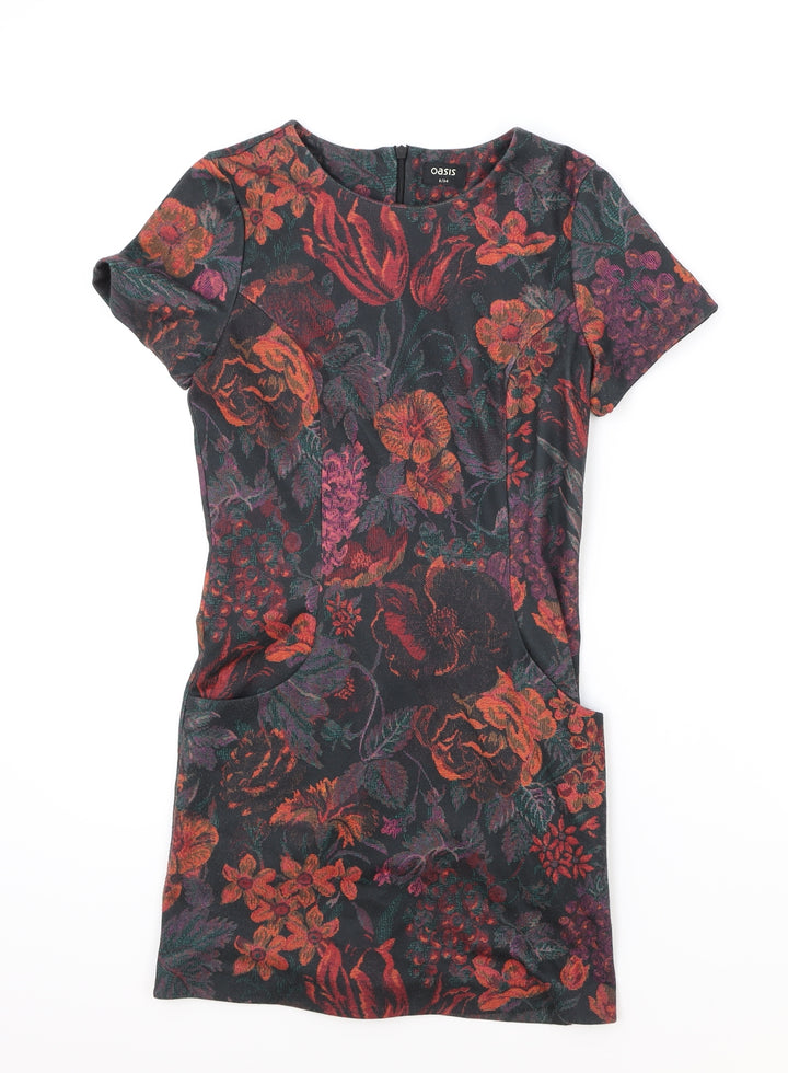 Oasis Womens Black Floral Polyester Shift Size 8 Boat Neck Zip