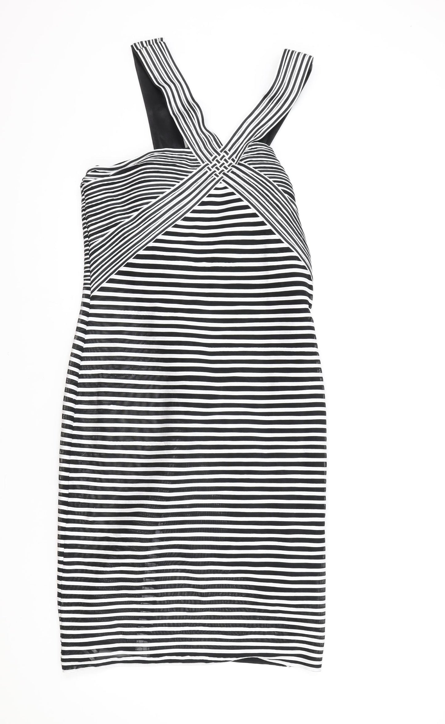 Madeline Womens Black Striped Polyester Bodycon Size 14 V-Neck Zip