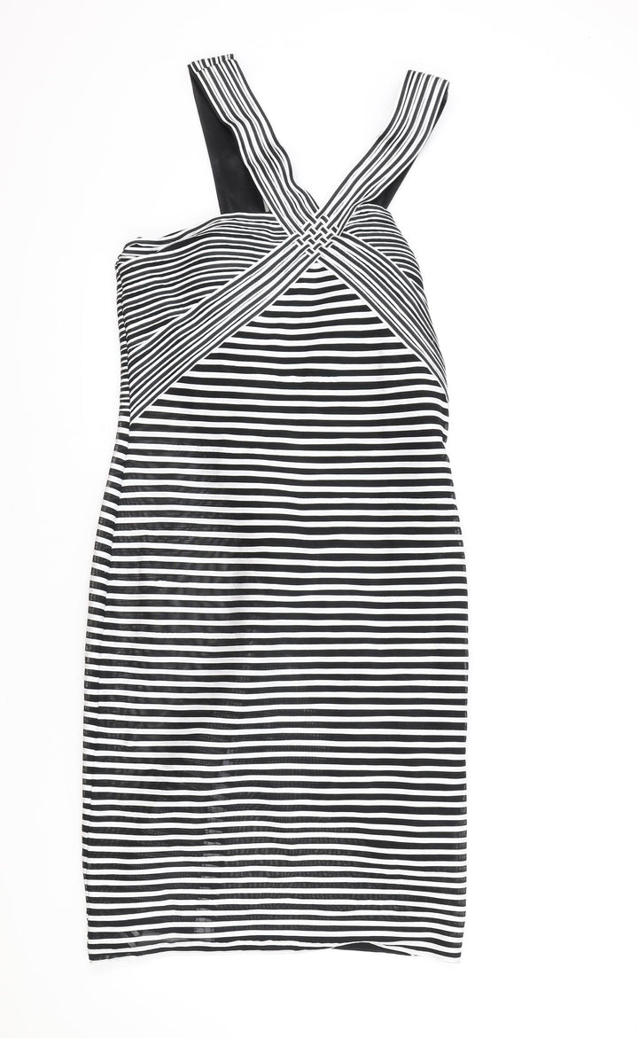 Madeline Womens Black Striped Polyester Bodycon Size 14 V-Neck Zip