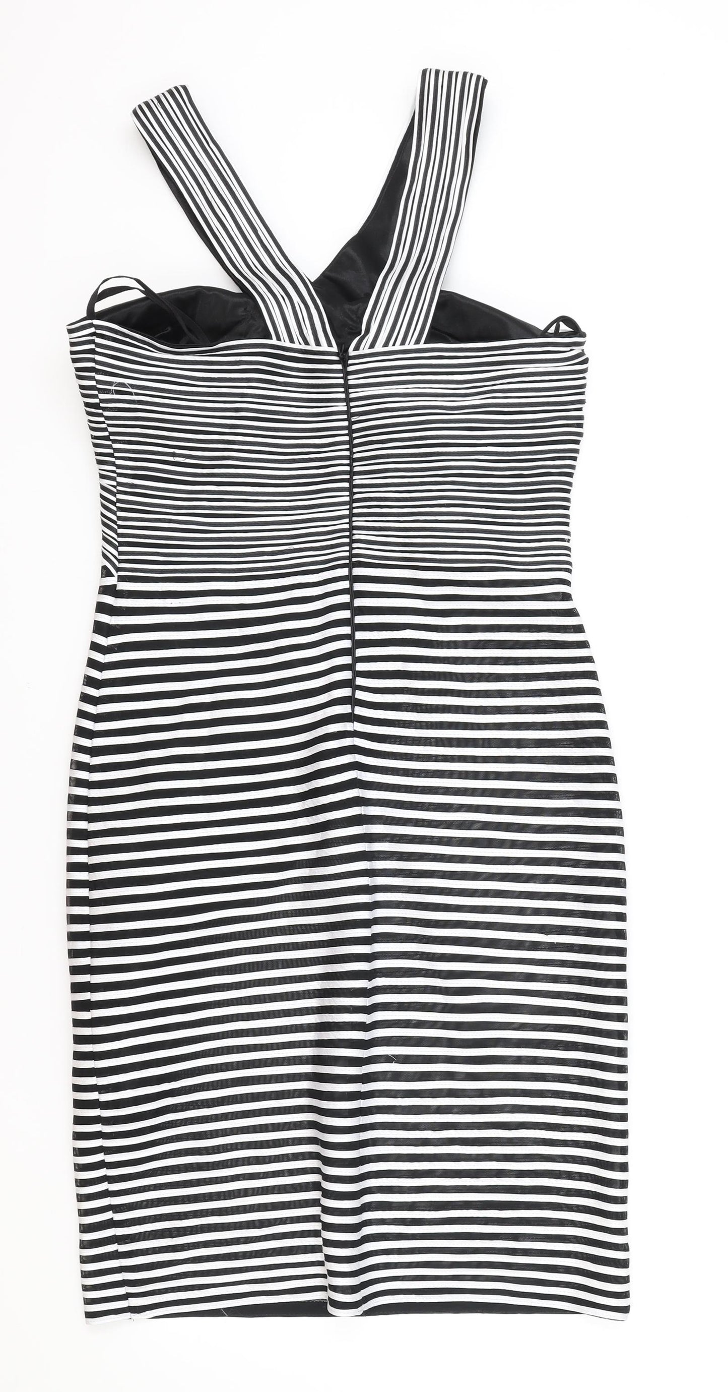 Madeline Womens Black Striped Polyester Bodycon Size 14 V-Neck Zip