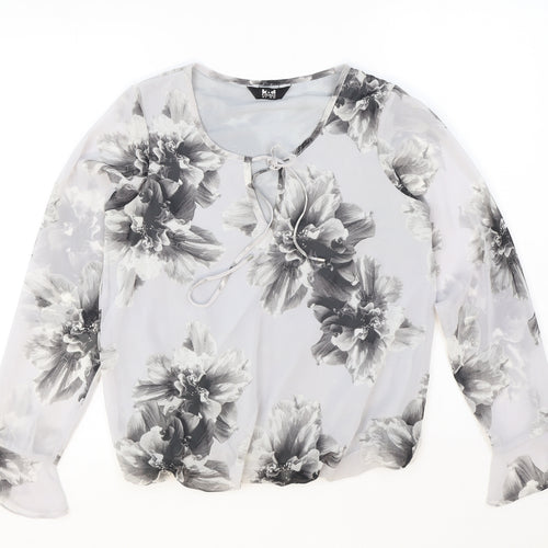 K&D London Womens Grey Floral Polyester Basic Blouse Size 8 Scoop Neck - Tie Neck Detail