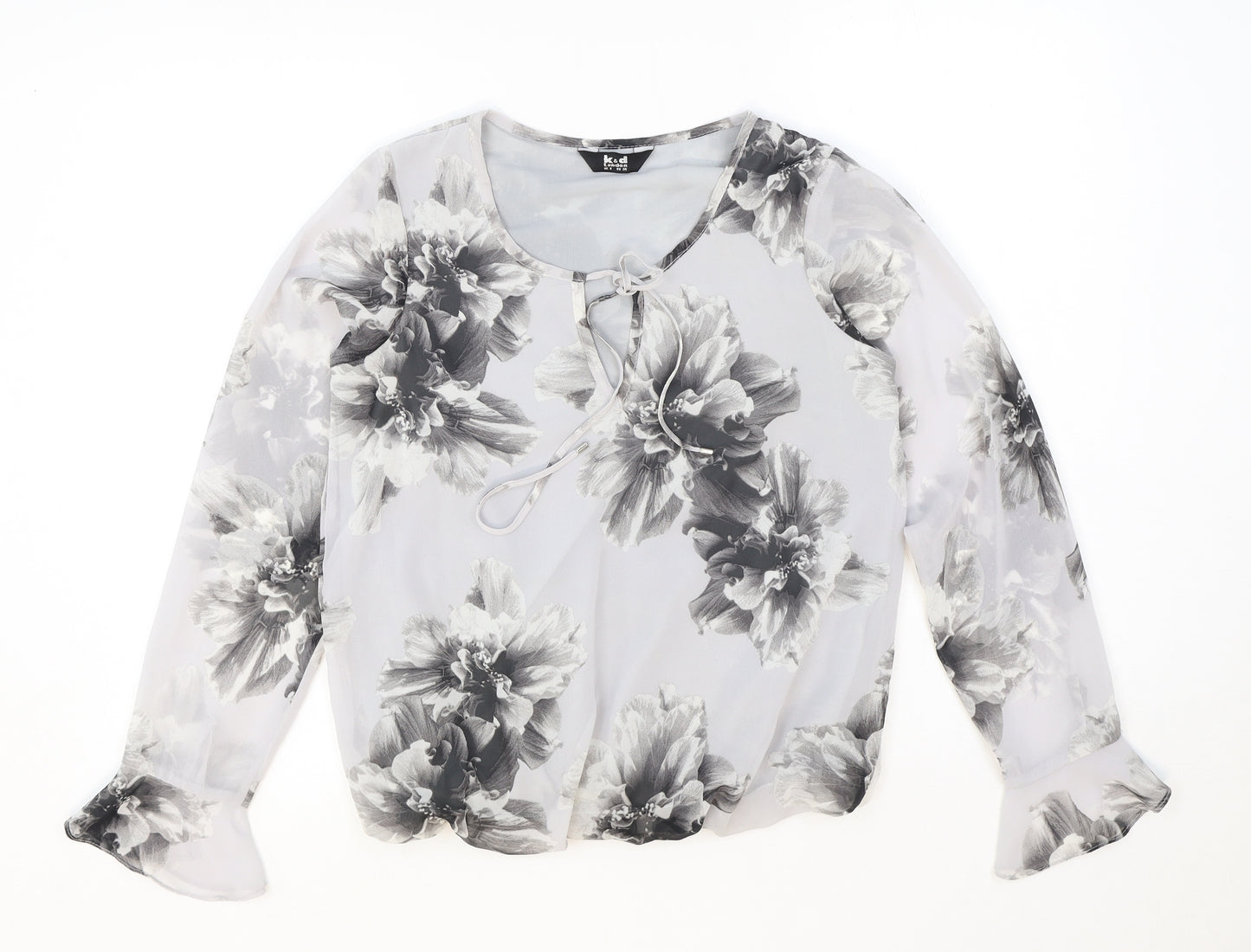 K&D London Womens Grey Floral Polyester Basic Blouse Size 8 Scoop Neck - Tie Neck Detail