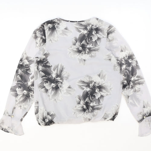 K&D London Womens Grey Floral Polyester Basic Blouse Size 8 Scoop Neck - Tie Neck Detail