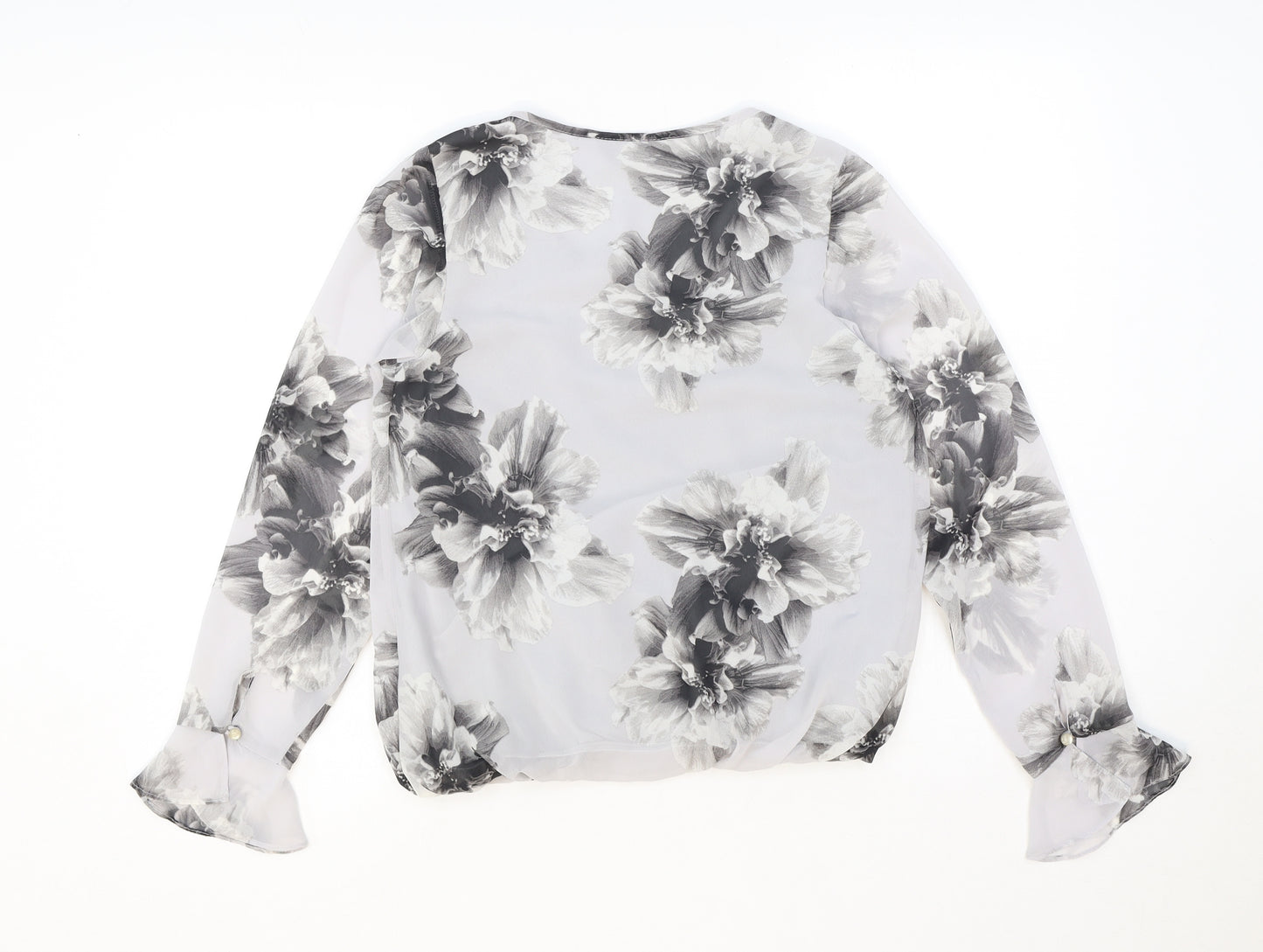 K&D London Womens Grey Floral Polyester Basic Blouse Size 8 Scoop Neck - Tie Neck Detail