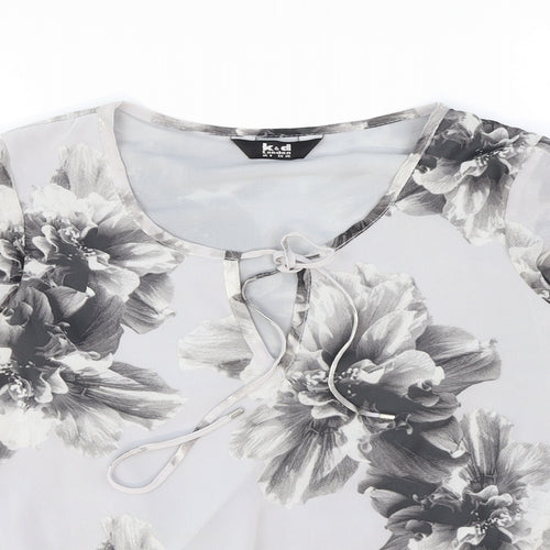 K&D London Womens Grey Floral Polyester Basic Blouse Size 8 Scoop Neck - Tie Neck Detail