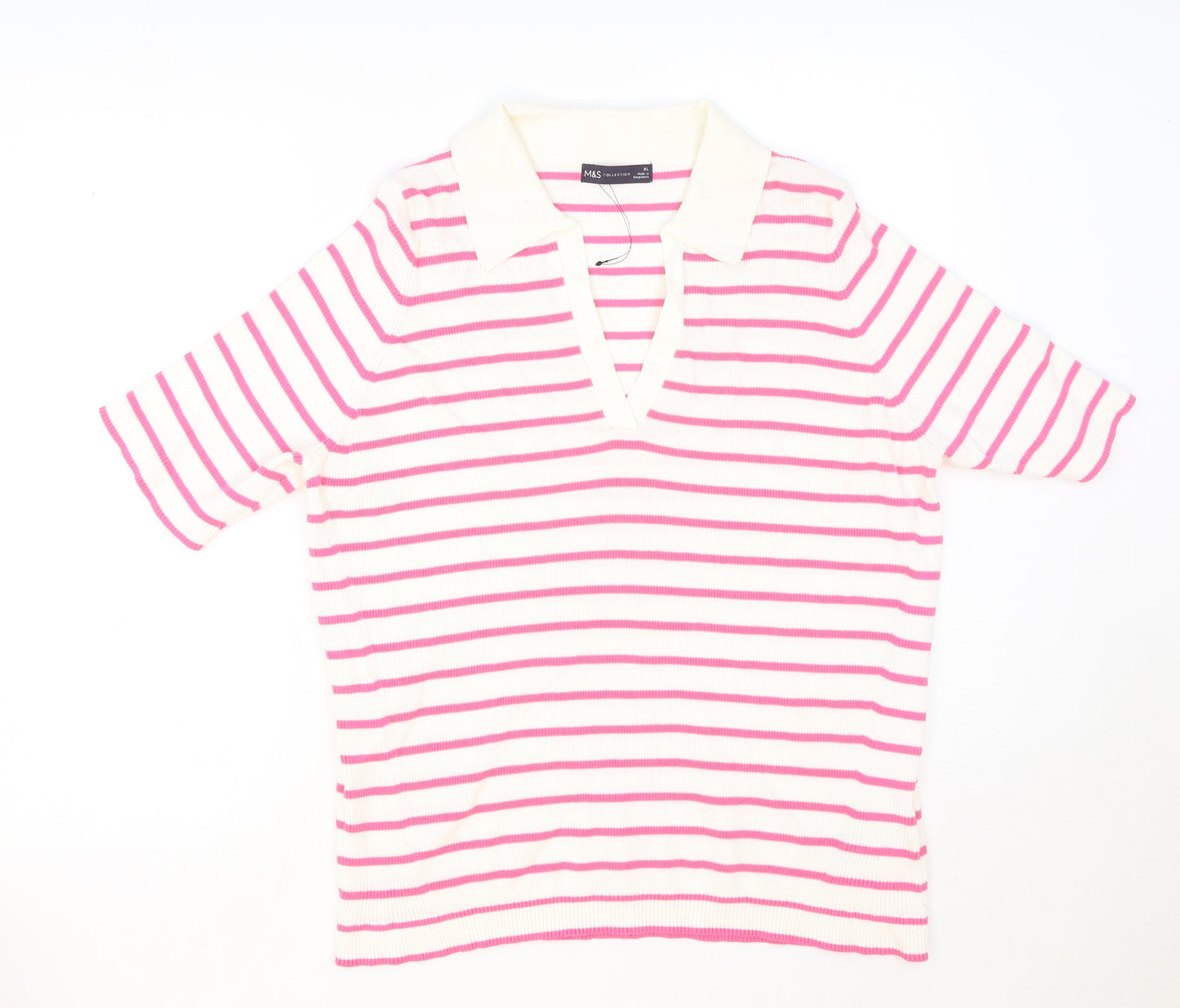 Marks and Spencer Womens White Striped Cotton Basic T-Shirt Size XL V-Neck