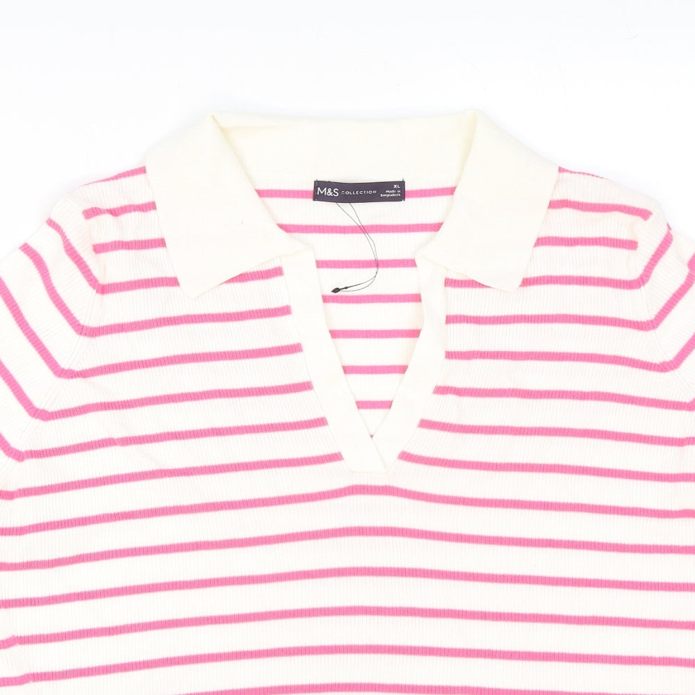 Marks and Spencer Womens White Striped Cotton Basic T-Shirt Size XL V-Neck