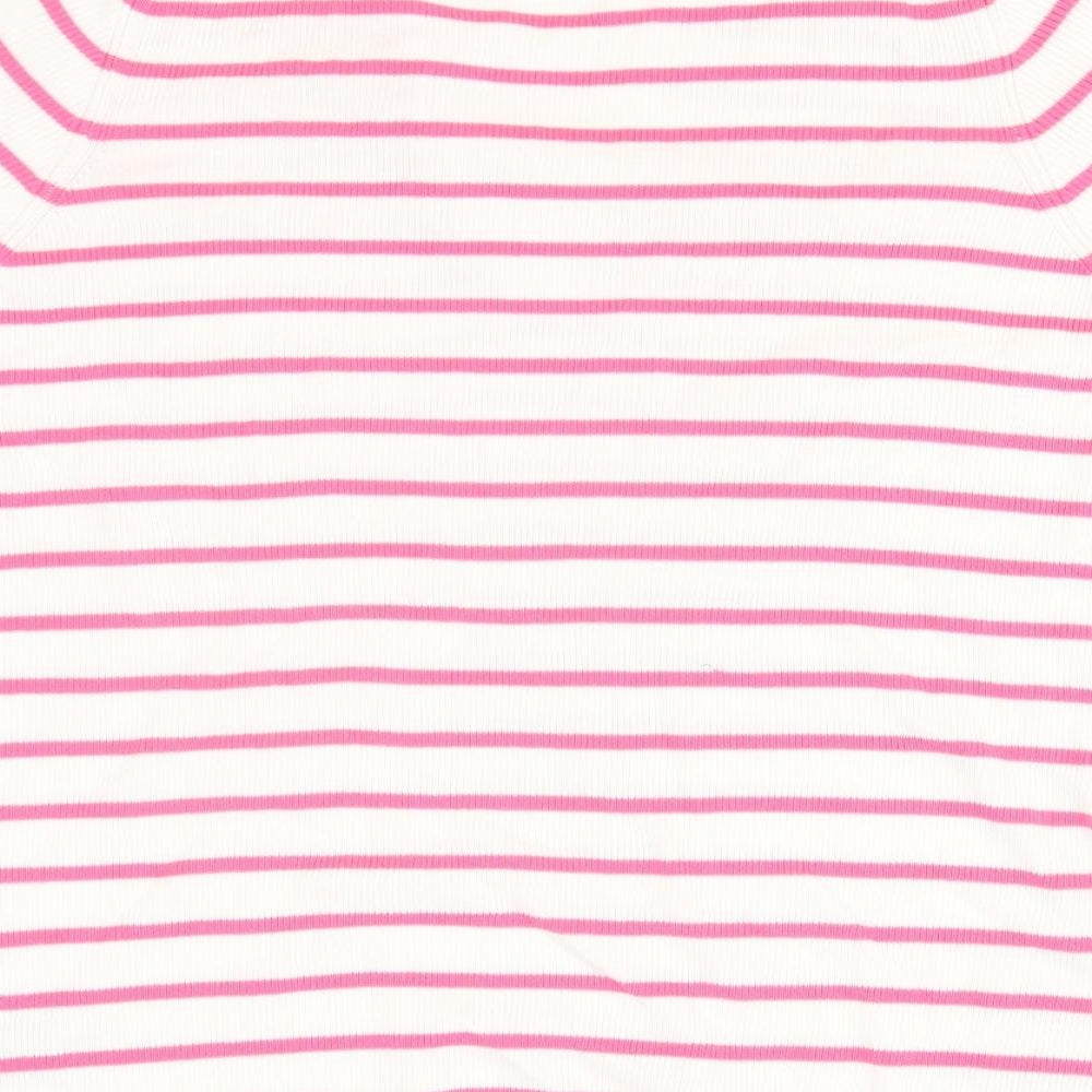 Marks and Spencer Womens White Striped Cotton Basic T-Shirt Size XL V-Neck