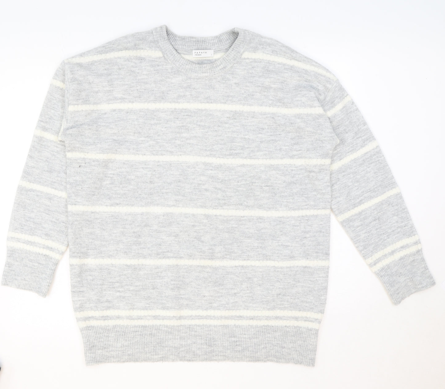 Papaya Womens Grey Round Neck Striped Acrylic Pullover Jumper Size L