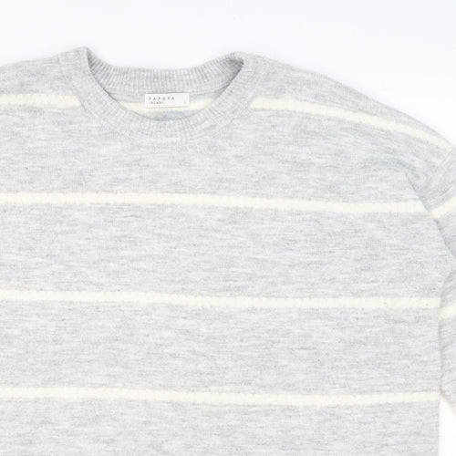 Papaya Womens Grey Round Neck Striped Acrylic Pullover Jumper Size L