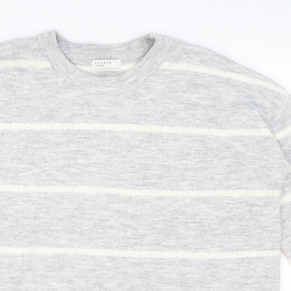 Papaya Womens Grey Round Neck Striped Acrylic Pullover Jumper Size L