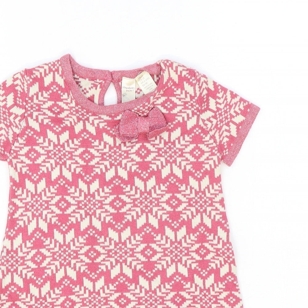 Strawberry Faire Girls Pink Geometric Cotton Jumper Dress Size 2-3 Years Round Neck Pullover