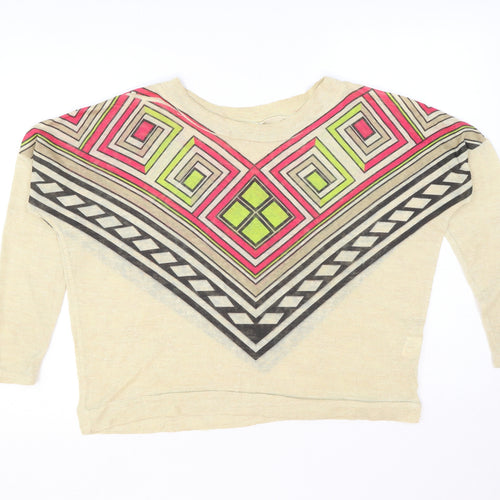 QED London Womens Beige Geometric Polyester Basic T-Shirt Size S Round Neck