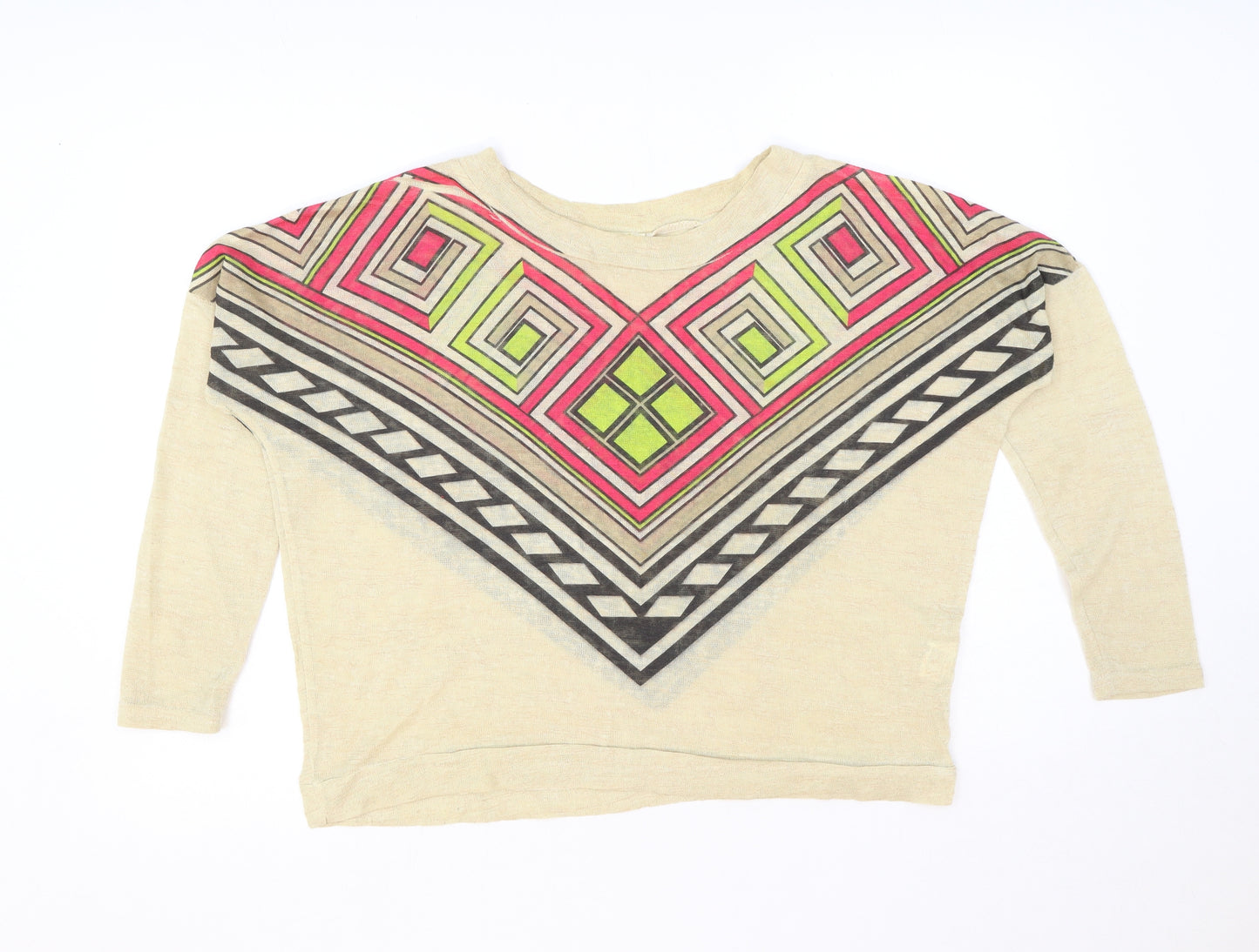 QED London Womens Beige Geometric Polyester Basic T-Shirt Size S Round Neck