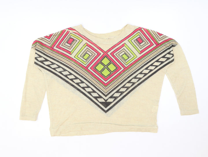 QED London Womens Beige Geometric Polyester Basic T-Shirt Size S Round Neck