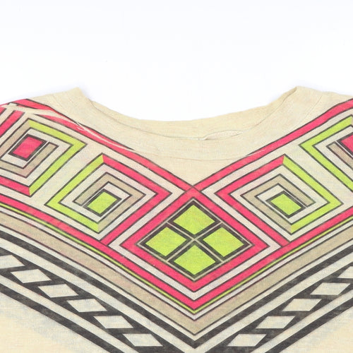 QED London Womens Beige Geometric Polyester Basic T-Shirt Size S Round Neck