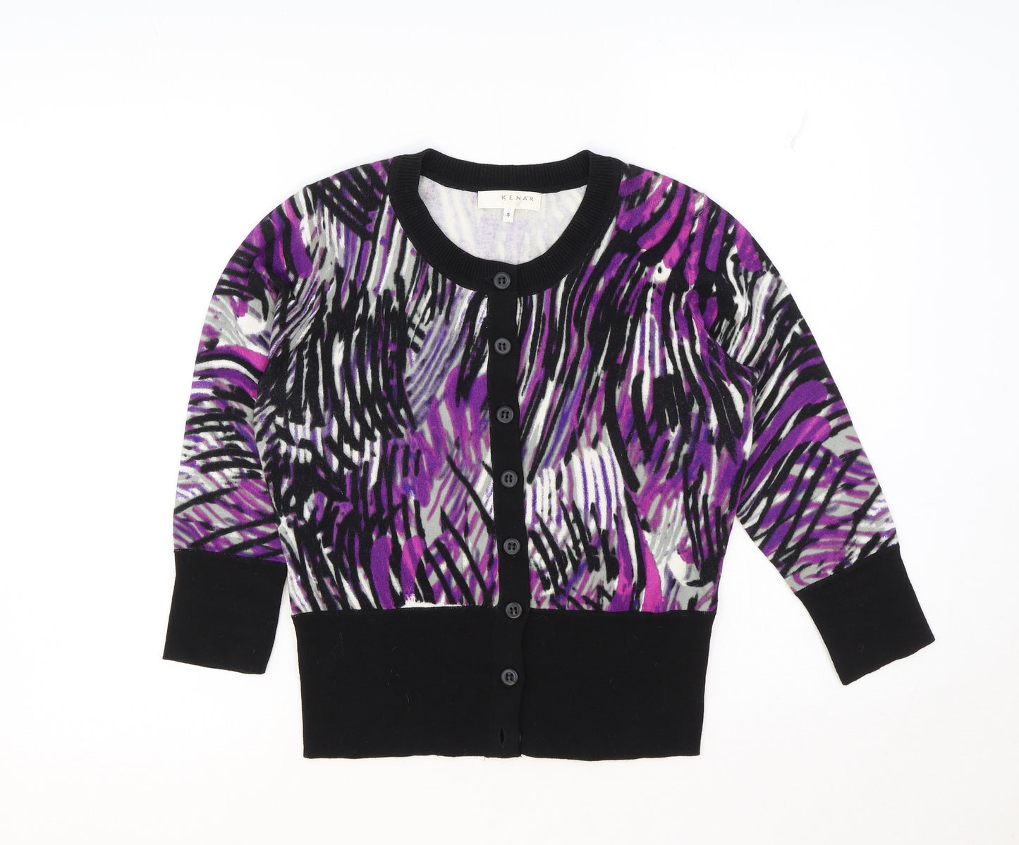 Kenar Womens Black Round Neck Geometric Cotton Cardigan Jumper Size S