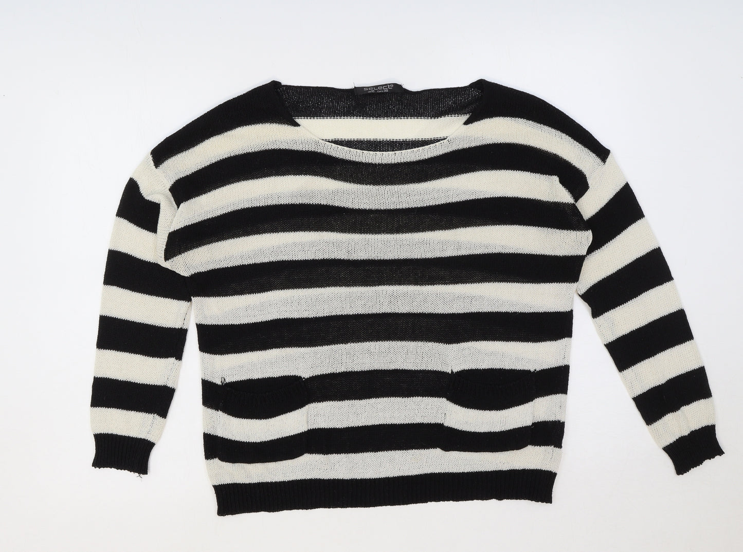 Select Womens Black Scoop Neck Striped Acrylic Pullover Jumper Size 10