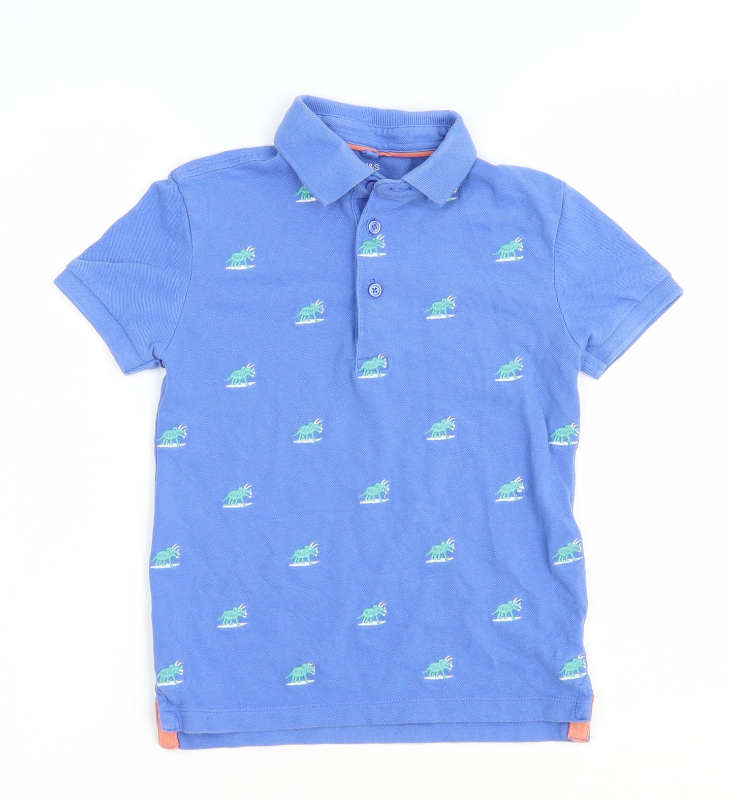Marks and Spencer Boys Blue Geometric 100% Cotton Basic Polo Size 6-7 Years Collared Button