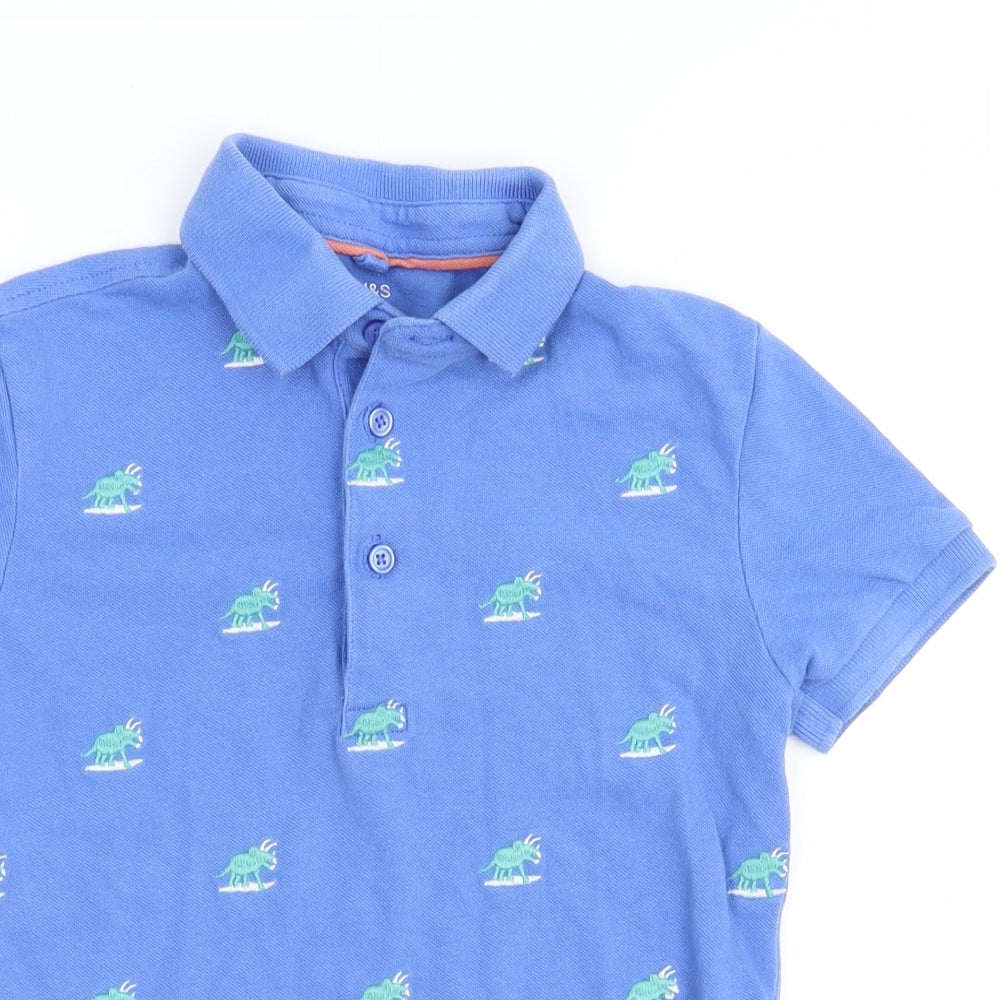 Marks and Spencer Boys Blue Geometric 100% Cotton Basic Polo Size 6-7 Years Collared Button
