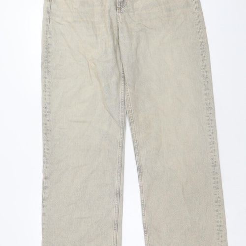Zara Womens Beige Cotton Wide-Leg Jeans Size 14 Regular Zip