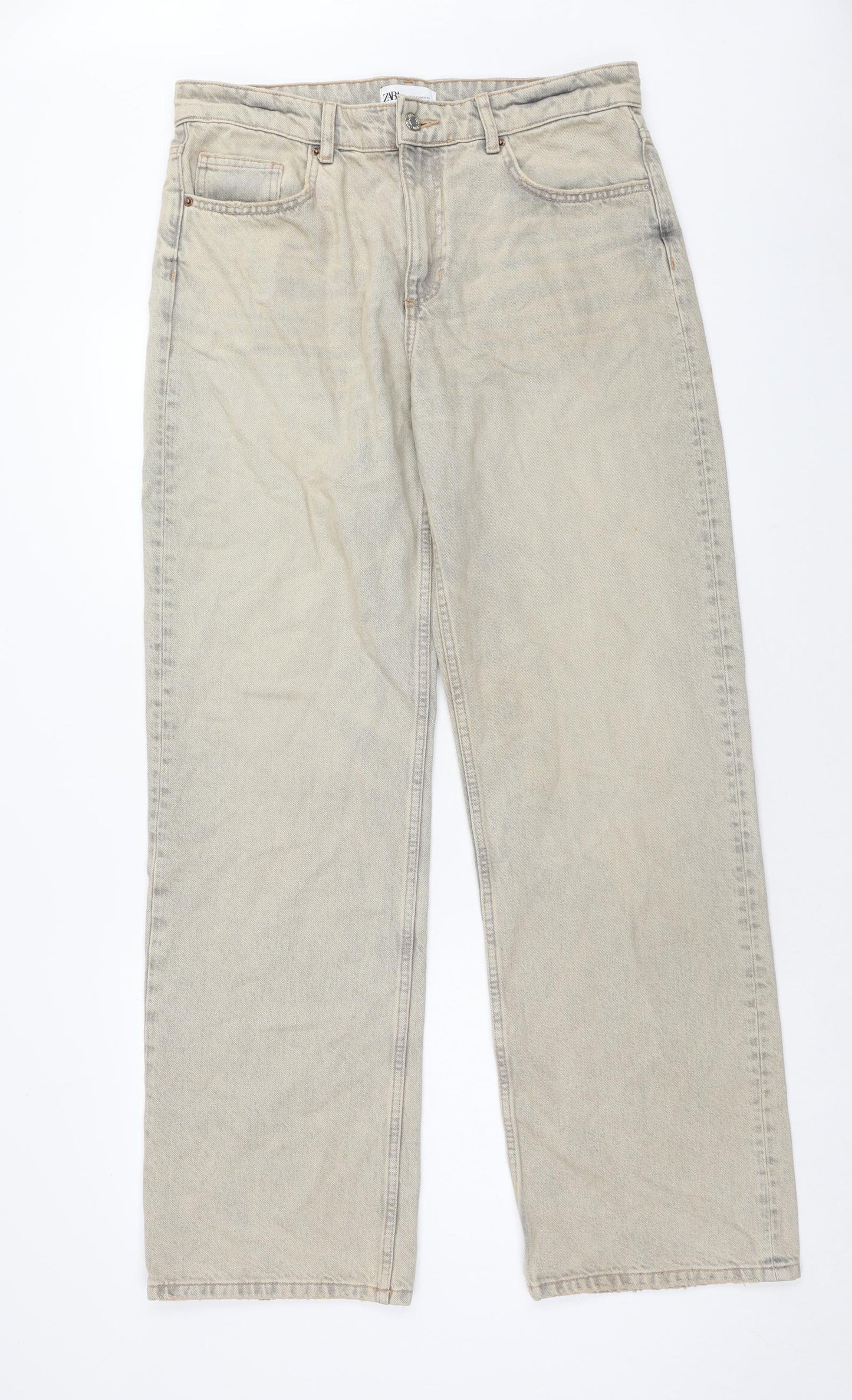 Zara Womens Beige Cotton Wide-Leg Jeans Size 14 Regular Zip