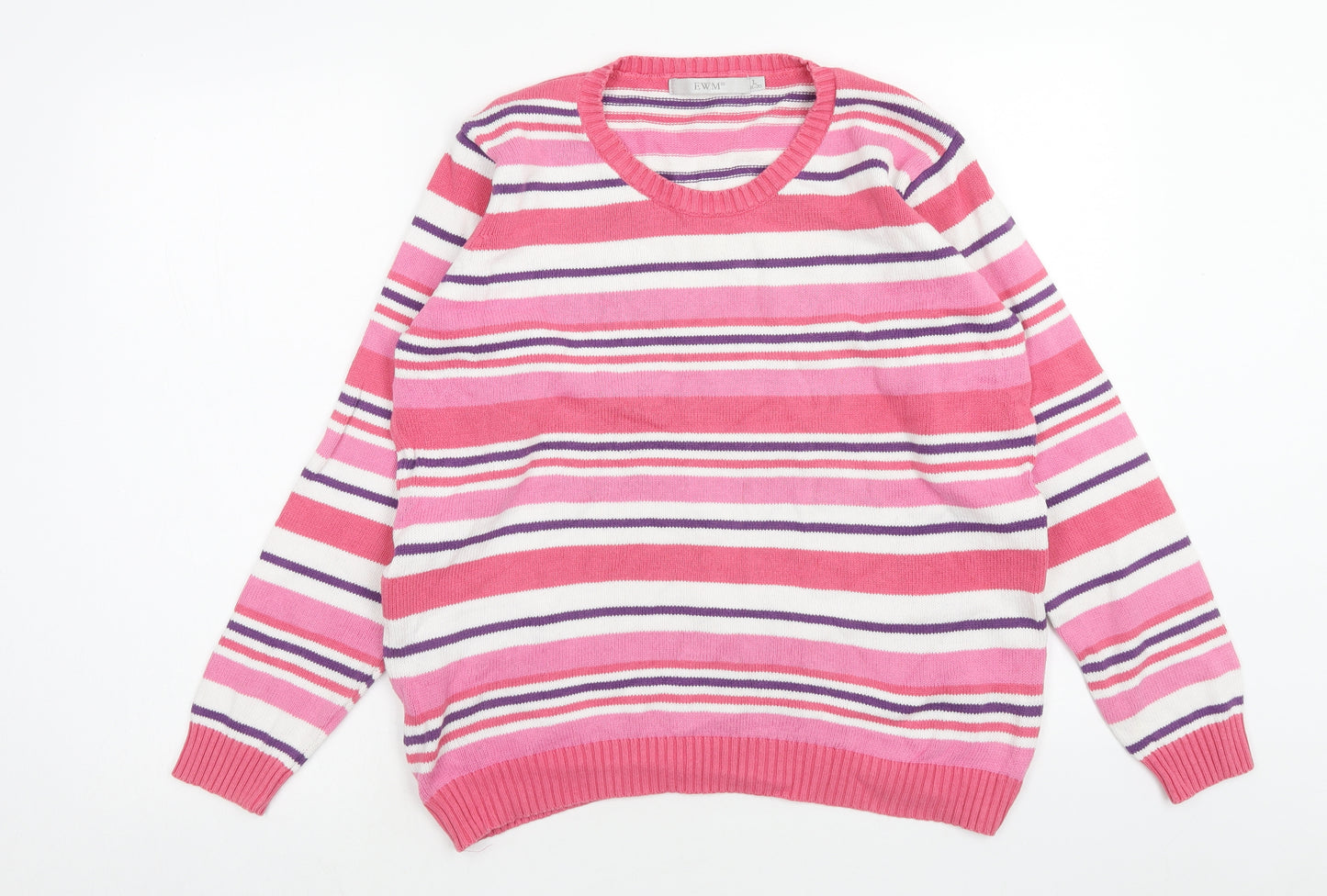 EWM Womens Pink Round Neck Striped Cotton Pullover Jumper Size L - Size 18-20