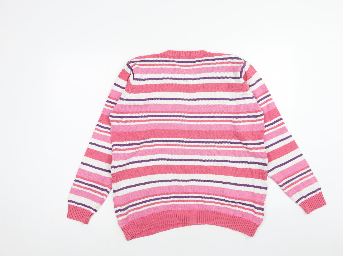 EWM Womens Pink Round Neck Striped Cotton Pullover Jumper Size L - Size 18-20
